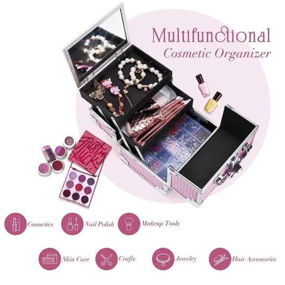 Makeup Train Case Portable Cosmetic Box Jewelry Organizer Lockable with Keys - Picture 3 of 6